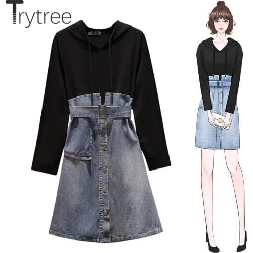 Trytree 2020 Spring Woman Casual Dress Hooded Drawstring Black cowboy Patchwork Belt Pockets Button A-line Fashion Loose Dress