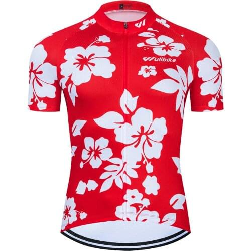Funny Cycling Jerseys Summer Short Sleeve Breathable Jersey for Mens Bicycle Sportwear Hawaiian Aloha Floral Red