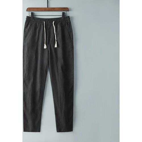 163 Men Linen Pants Casual Simple Daily Beach Elastic Waist Drawstring Slim Handsome High Quality Black Ankle-Length Trousers