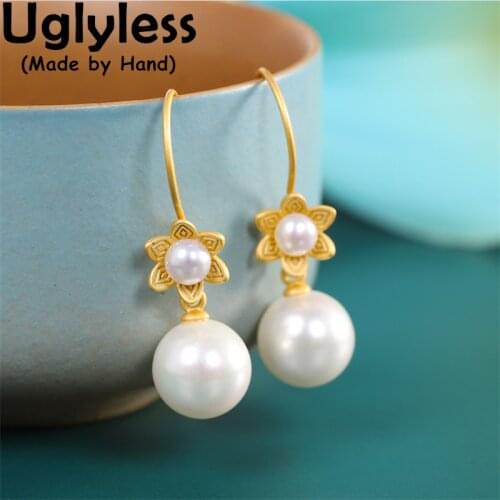 Uglyless Simple Fashion Pearl Flowers Earrings for Sweet Girls Students Elegant Women 925 Silver Brincos Gold Floral Jewelry