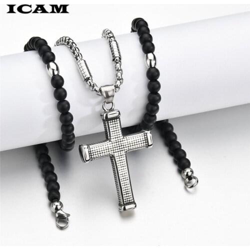 ICAM Good Stainless Steel rosary beaded Jesus CROSS pendant necklace for men and women