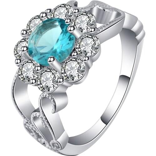 New Arrival Size 6-10 silver plated rings Jewelry engagement Wedding Ring For Women blue white cz flower jewelry Distribution