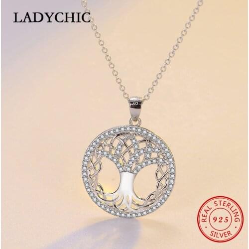 LADYCHIC Trendy 925 Sterling Silver Rely Tree of Life Pendant Necklaces Micro Paved Zircon Women Popular Jewelry Gift LNS1047