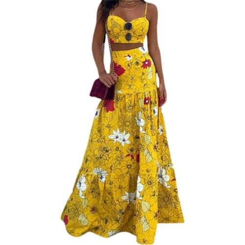 Plus Size Women Dress Set Vintage Floral Print Spaghetti Strap Summer High Waist Large Hem Skirt Office Lady Dress Set Beach