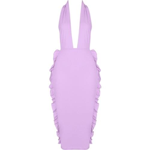 Women Fashion Deep V Neck Halter Dress 2021 New Summer Sexy Backless Midi Ruffles Celebrity Club Party Dresses