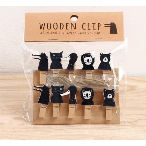 10 pcs/lot Crocodile Black Animal Series Wooden Clip Photo paper Clothespin Craft Clips Party Decoration Clip with Hemp Rope