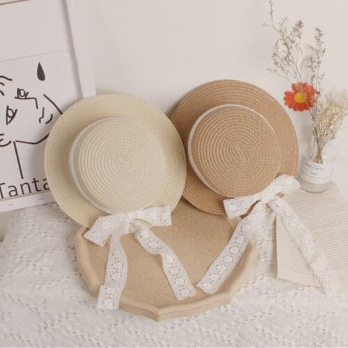 2021 Girls Summer Cap Black lace Decorate Wavy Straw Hat For Girls Children Panama Kids Sun Cap Baby Beach Hats Accessory Gorro