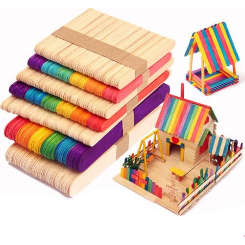 50pcs Colored Wood Craft Sticks Wooden Ice Cream Sticks Kids DIY Hand Crafts Lolly Cake Tools AN88