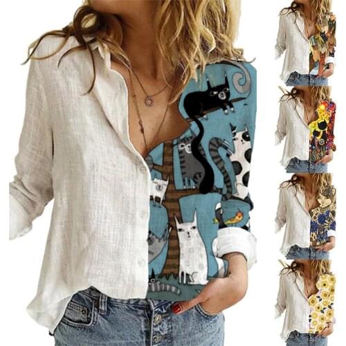 Patchwork Blouse Cats Button Long Sleeve Elegant Design V Neck Fashion Office Woman Girl Shirt Top Clothing Multicolor Wholesale