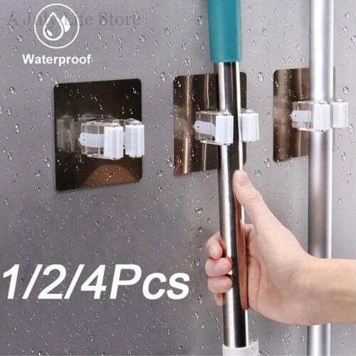 Multi-Purpose Hooks Mop Holder Wall Mounted Organizer Rack Brush Broom Hanger Hook Kitchen bathroom Waterproof Hook Self-Adhesiv