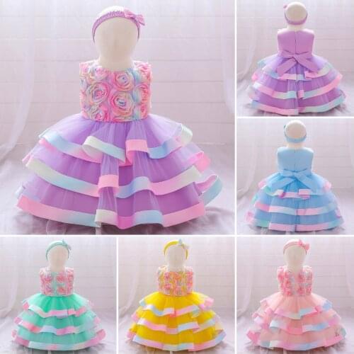 Kids Birthday Party Dress with Headband Girls Flowers Round Neck Sleeveless Dresses Bowknot Hairband Summer Childrens Clothing