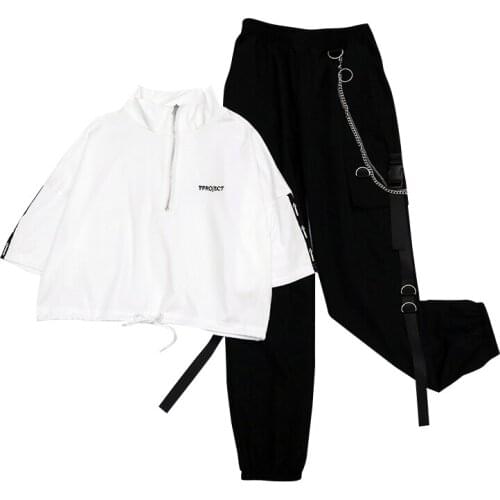 Womens Cargo Pants Buckle Ribbon Pocket Jogger Elastic Waist High Streetwear Harajuku Pant Chain Females Two Piece Pants