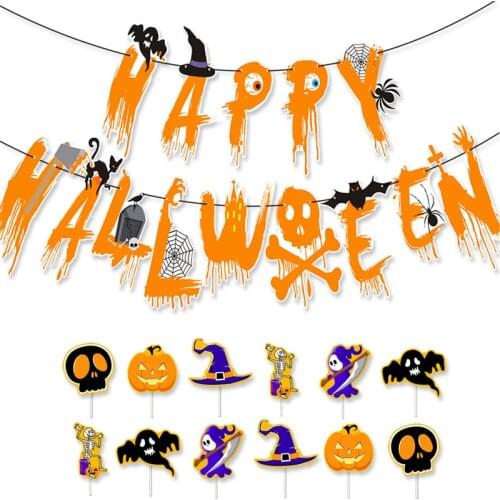 Halloween Banner New Halloween Party Flag Pull Set Skull Pumpkin Lantern Cat Helloween Cake Insert Card