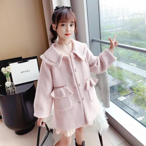 Beauty Girl Clothes 2020 Winter Woolen Coats Lace Ruffle Big Pocket Formal Kids Long Jacket 4 5 6 7 8 9 10 Years Girls Outerwear