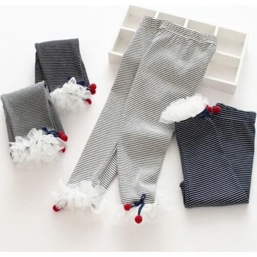 2 3 4 5 6 Y Toddler Girls Leggings Spring Autumn Fashion Cherry Ruffle Skinny Pants Stripe Leggings For Girls Casual Kids Pants