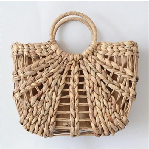 Summer Vacation Handbags Drawstring Basket Bag Bohemian Beach Bag for Women Cute Handmade Straw Bags Travel Tote Wholesale