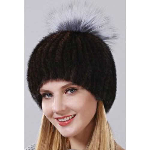 Hot Sale Fashion Vertical Weaving Cap Winter Warm Hat For Women Knitting Cap Real Natural Mink Hat With Fox Pompom On The Top