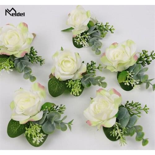 Meldel Bride Wrist corsages Wedding Boutonniere Groom Brooch Pins Girl Bracelet Quality Silk Rose Prom Wedding Planner Corsage