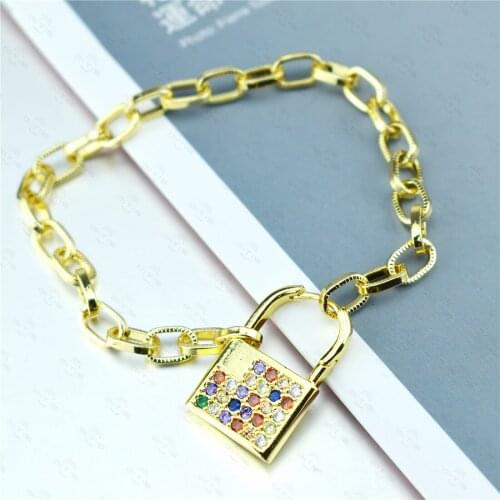 Trendy Lock Design Women Chunky Chain Bracelet Rainbow/White Cubic Zircon Jewelry Gold Color Girls CZ Bangles for Party Gift