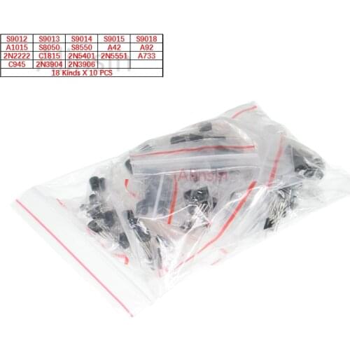 180pcs 18values*10pcs transistor kit A42 A92 2N5401 5551 A733 C945 3906 3904 S9012 S9013 S9014 S9015 9018 S8050 S8550 Assorted