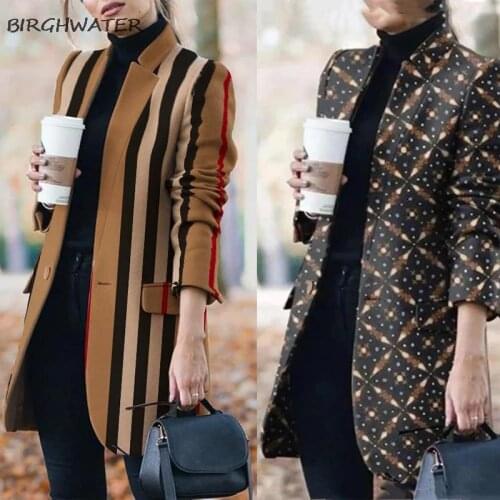 2021 New Autumn Womens Tops New Long-sleeved Lapel Coat Printed Woolen Coats Fashion Striped Plaid Slim Jackets Oversized