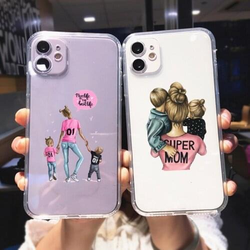 Super Mom Clear Phone Case For iPhone XR 11 12 Pro Max XS X 8 7 SE2020 6Plus Fashion Baby Girl Family Soft Silicone Cover Fundas