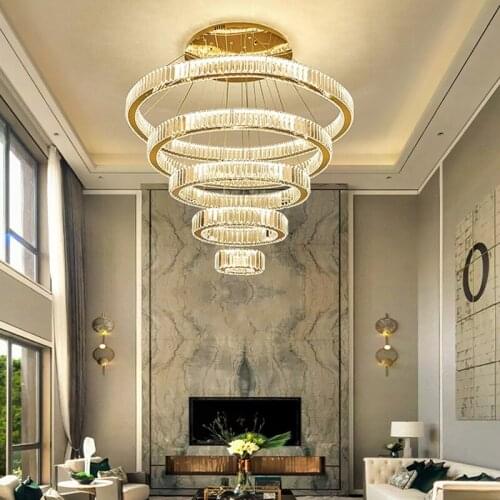 Luxury Modern Ring Crystal LED Chandelier Large Stair Hanging Lamp Home Decoration Fixtures Living Room Decor Ceiling Lights