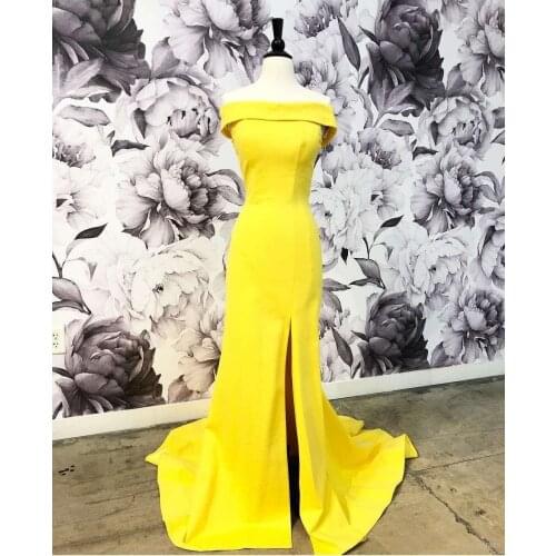 Sexy Long Yellow Mermaid Off Shoulder Prom Dresses with Slit Custom Made Criss-cross Back Evening Gowns Party Dress for Women
