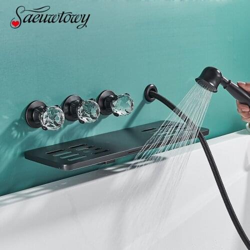 Bathroom Waterfall Bathtub Faucet With Shelf 5Pcs Wall Mount Bath Shower Faucet Pull Out Hand Shower Hot/Cold Water Mixer Tap