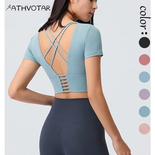 ATHVOTAR New Beautiful Back Sports T-shirt Summer Breathable Yoga Short Sleeve With Chest Pad Women Fitness Push Up Hollow Top