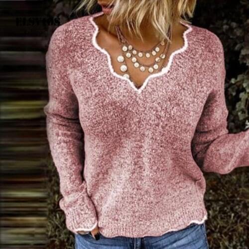 Sweater Women Fashion V-Neck Long Sleeve Tops Winter Autumn Warm Pullover Casual Solid Knitted Sweater