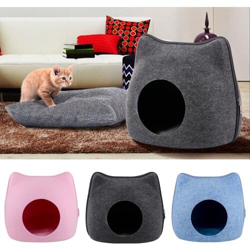 Cute Cat Shape Pet Bed Cat Cave Sleeping Bag Zipper Egg Shape Felt Cloth Pet House Nest Cat Basket with Cushion Cat Nest
