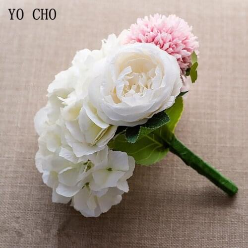 YO CHO Bridal Wedding Bouquet Artificial Silk Peony Hydrangea Pompom Flowers Bridesmaids Holder Bouquets Home Wedding Supplies