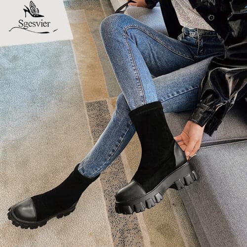 Sgesvier Women Chelsea Boots Elastic Martin Ankle Slip-on Black Round Toe Platform Short Basic Winter Boots Ladies Size 32-46