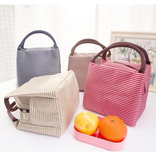 Women Portable Lunch Bag Canvas Stripe Insulated Cooler Bags Thermal Food Picnic Lunch Storage Bag Kids Lunch Box Bag Tote
