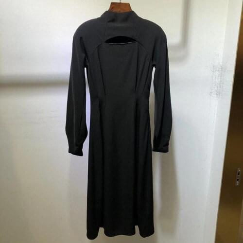 2021 Spring Summer Fashion Designer Black Runway Dress Women Long Sleeves Empire Mid-Calf Hot Sale Popular Dress