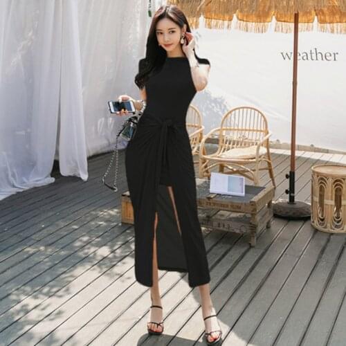 Women Black Mini Bodycon Dress and Sashes Bandage Women Cloth Streetwear 2 Piece Set Casual Elegant Korean Style Two Piece Set