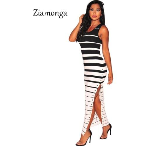 Ziamonga Women Sexy Dress O Neck Tank High Split Striped Party Dresses Vestidos Longo Women Ankle Length Bodycon Long Maxi Dress