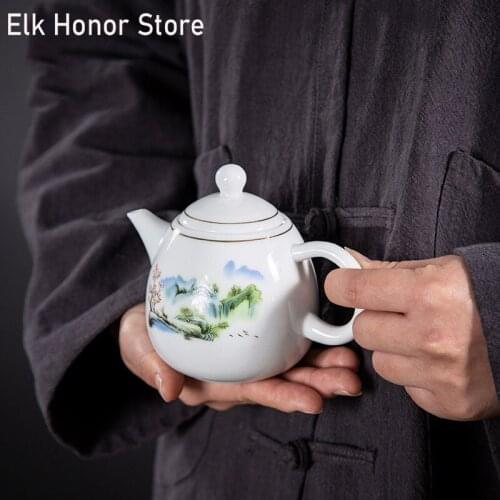 250ml Jade Porcelain Teapot Hand Painted Landscape Art Tea Pot Mutton Fat Jade Ceramic Small Single Pot Kung Fu Tea Master Pots