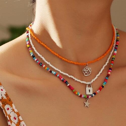 3pcs Boho Bead Flower Stars Choker Necklace Statement Short Collar Clavicle Bohemian Colorful Chain Necklace for Women Jewelry