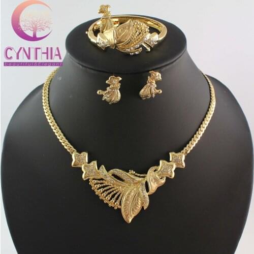 Free Shipping African Crystal Hot Sale Gold color Necklace Bracelet Ring Earrings Sets Wedding Flower Jewelry Sets WB-2105