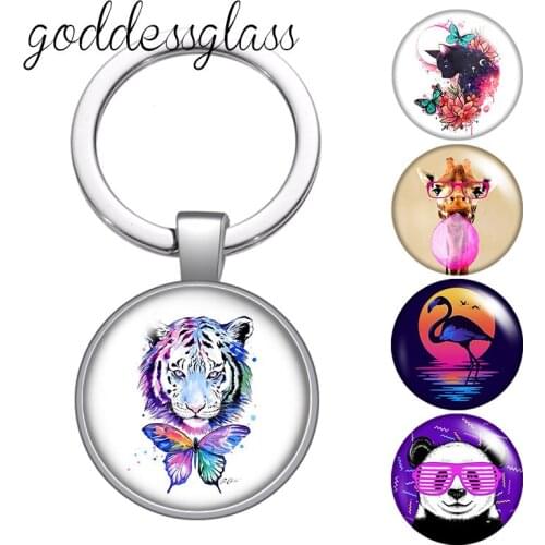 Lovely Animals Cartoon Tiger Cat Panda giraffe Round glass cabochon keychain Bag Car key chain Ring Holder Charms keychains
