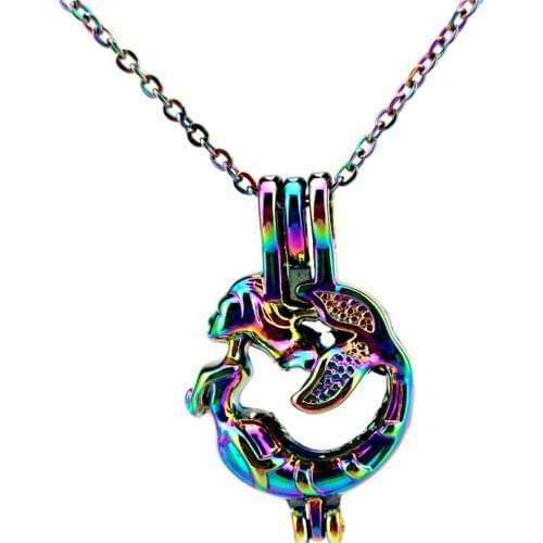 C666 Rainbow Color Mermaid Fairy Tale Beads Cage Pendant Locket Necklace Aroma Essential Oil Diffuser-Fun Gift