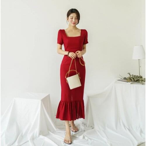Elegant Retro Square Neck Bag Hip Dress Female 2020 Summer One-Piece Cotton Linen Waist Was Thin Ruffled Fishtail Long Dresses
