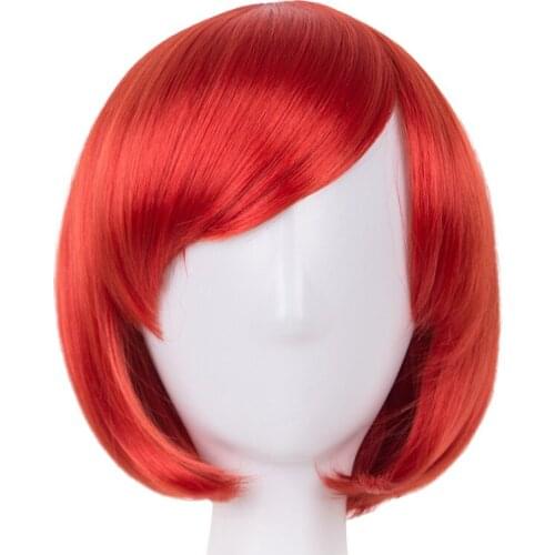 Fei-Show Synthetic Fiber Short Wavy Wig Cosplay Costume Party Inclined Bangs 30 cm Length Red hair