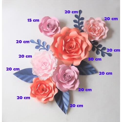 Giant Paper Flowers Backdrop Artificial Handmade Crepe Paper Rose 6PCS+Leaves 6PCS For Wedding & Party Deco Home Decoration