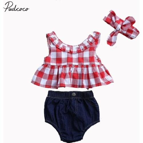 Helen115 Summer Kids Baby Girls Lovely Red Plaid Sleeveless T-shirt+shorts+headband 0-3years