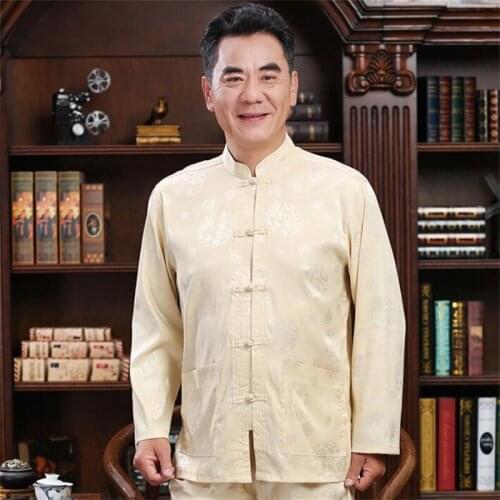 Spring autum middle-aged Tang suit men buckle blazer silk stand collar casaco jaqueta masculina coats mens jacket Chinese style