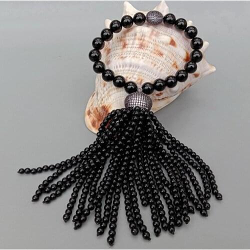 YYGEM Natural Black Onyx Round Bracelet Cubic Zirconia Pave Pave Cap Tassel Mala Stretch Adjustable