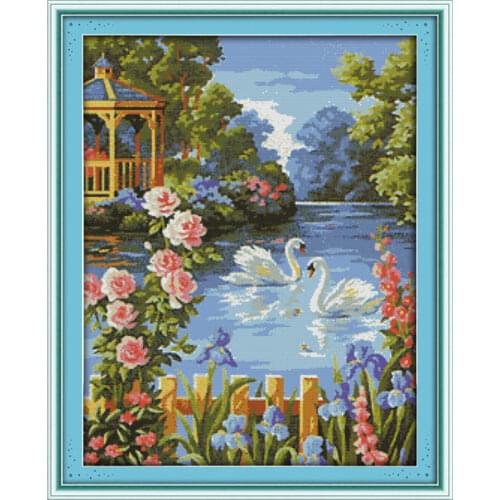 Swan lake (3) cross stitch kit lanscape garden 14ct 11ct count printed canvas stitching embroidery DIY handmade needlework